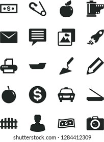 Solid Black Vector Icon Set - image of thought vector, camera roll, open pin, bath, building trowel, fence, envelope, picture, car, apricot, tasty plum, woman, space rocket, pencil, dollar, printer