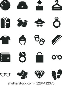 Solid Black Vector Icon Set - paper bag vector, purse, hat with glasses, bath ball, comb, warm socks, Knitted, shoes for little children, winter, T shirt, folded, hanger, diamond, ring, gold