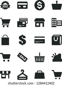 Solid Black Vector Icon Set - paper bag vector, grocery basket, bank card, dollar, city block, cart, with handles, cards, kiosk, hanger, shopping, reverse side of a, hand, cashbox, season sale