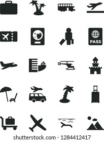 Solid Black Vector Icon Set - passport vector, sand castle, helicopter, plane, bus, passenger, suitcase, rolling, ticket, departure, hotel, beach, arnchair under umbrella, palm tree, baggage