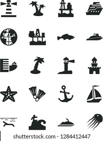 Solid Black Vector Icon Set - anchor vector, small fish, sea port, commercial seaport, lighthouse, coastal, planet, sand castle, sail boat, hotel, beach, palm tree, starfish, flippers, surfing