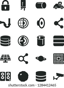 Solid Black Vector Icon Set - loudspeaker vector, sewerage, electronic boiler, lock, big data, planet, cabbage, solar panel, autopilot, processor, pipe, pipes, connection, connections, pc speaker