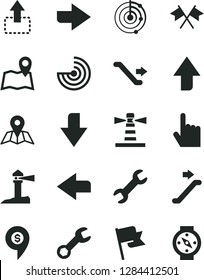 Solid Black Vector Icon Set - upward direction vector, downward, right, left, index finger, map, flag, move up, lighthouse, coastal, repair, radar, cross flags, dollar pin, escalator, compass