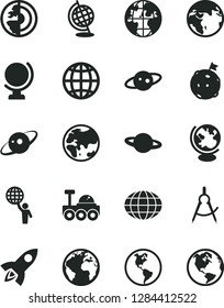 Solid Black Vector Icon Set - sign of the planet vector, globe, earth, scribed compasses, core, saturn, lunar rover, man hold world, flag on moon, rocket