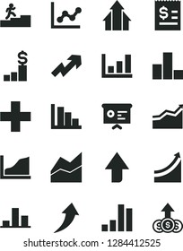 Solid Black Vector Icon Set - upward direction vector, growth up, plus, bar chart, line, graph, positive histogram, article on the dollar, financial report, carrer stairway, arrow, arrows, pedestal