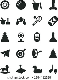 Solid Black Vector Icon Set - paper airplane vector, rubber duck, bath ball, stacking rings, toy, roly poly doll, tumbler, sand set, children's, yule, small rocking horse, joystick, cup, pawn, aim