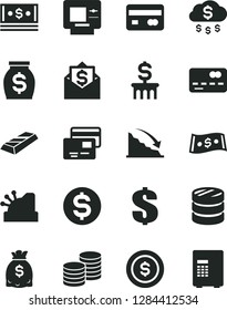 Solid Black Vector Icon Set - dollar vector, cards, coins, reverse side of a bank card, front the, column, recession, money, dollars, cash, cashbox, gold bar, rain, coin, mail, atm, safe