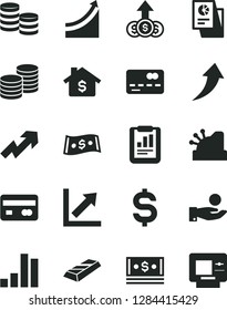 Solid Black Vector Icon Set - growth up vector, chart, coins, reverse side of a bank card, front the, bar, statistical report, denomination dollar, catch coin, cash, research, cashbox, graph, gold