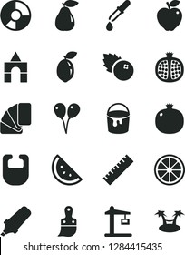 Solid Black Vector Icon Set - yardstick vector, bib, box of bricks, colored air balloons, paint bucket, sample colour, plastic brush, blueberries, orange slice, pomegranate, half, pear, red apple