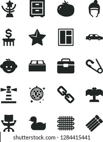 Solid Black Vector Icon Set - spectacles vector, bedside table, open pin, rubber duck, children's hairdo, winter hat, window, portfolio, building block, star, tomato, weaving, lighthouse, chair, cup