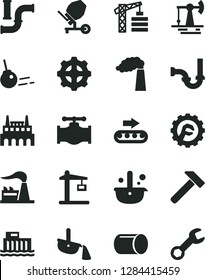 Solid Black Vector Icon Set - tower crane vector, concrete mixer, sewerage, star gear, hammer, core, working oil derrick, valve, water pipes, manufacture, factory, hydroelectric station, industrial