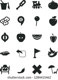Solid Black Vector Icon Set - cross vector, pennant, electronic thermometer e, children's sand set, baby toy train, concrete mixer, move left, slices of onion, tomato, Chupa Chups, popcorn, tasty