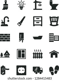 Solid Black Vector Icon Set - cradle vector, bath, brickwork, window, arm saw, wooden paint brush, comfortable toilet, power socket type f, door knob, city block, kitchen faucet, electronic boiler