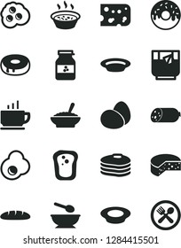 Solid Black Vector Icon Set - deep plate with a spoon vector, coffee, sausage, piece of cheese, eggs, loaf, cake hole, glazed, bowl buckwheat porridge, in saucepan, milk, glass tea, fried egg, cafe