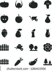 Solid Black Vector Icon Set - garden trolley vector, building, fence, hedge, tomato, carrot, pear, squash, tasty apple, raspberry, rose hip, plum, physalis, stub, broccoli, eggplant, pumpkin, trees