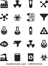 Solid Black Vector Icon Set - round flask vector, factory, oil, barrel, industrial building, radiation, carbon dyoxide, filter, water, research article, test tube, molecule, nuclear, biohazard