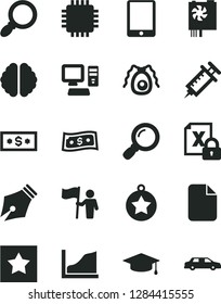 Solid Black Vector Icon Set - computer vector, tablet pc, encrypting, power supply, cpu, magnifier, file, brain, bactery, growth graph, syringe, ink pen, graduate, star medal, man hold flag, dollar