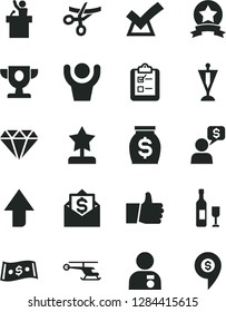Solid Black Vector Icon Set - upward direction vector, thumb up, survey, money, dollar, prize, star reward, man with medal, pennant, ribbon, diamond, confirm, hands, speaker, helicopter, wine, mail