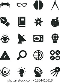 Solid Black Vector Icon Set - math actions vector, electricity, atom, glasses, zoom, bulb, brain, book, biohazard, oscilloscope, drawing compass, earth core, medal, satellite antenna, ink pen, bang