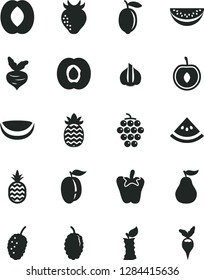 Solid Black Vector Icon Set - peper vector, a pineapple, half apricot, large grape, strawberry, mulberry, tasty, peach, water melon slice, ripe plum, cherry, lemon, piece of coconut, guava, garlic
