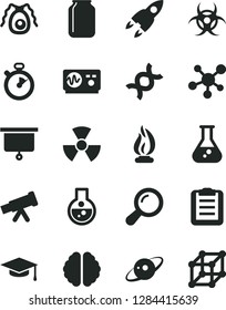 Solid Black Vector Icon Set - jar vector, flask, telescope, molecule, nuclear, zoom, dna, brain, bactery, biohazard, oscilloscope, flame, graduate hat, clipboard, saturn, rocket, presentation board