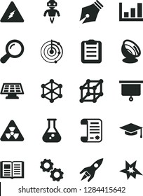 Solid Black Vector Icon Set - book vector, research article, flask, electricity, nuclear, zoom, gears, graduate hat, clipboard, growth graph, radar, robot, sun panel, satellite antenna, rocket, bang
