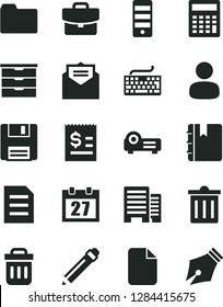 Solid Black Vector Icon Set - daily calendar vector, bin, graphite pencil, keyboard, folder, calculator, storage unit, buildings, received letter, notebook, suitcase, man, article on the dollar