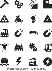 Solid Black Vector Icon Set - lightning vector, hammer, working oil derrick, coal mining, modern gas station, factory, power pole, industrial building, gears, environmentally friendly transport