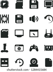 Solid Black Vector Icon Set - floppy disk vector, monitor window, volume, smd, radiator fan, pc card, web camera, usb, router, browser, joystick, sd, history, file
