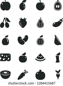 Solid Black Vector Icon Set - piece of cheese vector, garlic, carrot, apple, pomegranate, apricot, strawberry, cornels, half loquat, tasty plum, kiwi, sour lime, guava, guawa, part, stub, beans