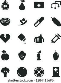 Solid Black Vector Icon Set - toys over the cot vector, measuring cup for feeding, baby powder, bag of a paramedic, broken heart, cucumber, strawberry, pear, orange, peach, mulberry, half loquat