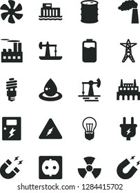 Solid Black Vector Icon Set - dangers vector, marine propeller, charge level, oil derrick, working, manufacture, barrel, bulb, hydroelectric station, power line, plug, socket, industrial building