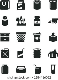Solid Black Vector Icon Set - wicker pot vector, storage unit, measuring cup for feeding, powder, e, packing of juice with a straw, drawer, bag handles, package, unpacking, tin, coffe to go, jam