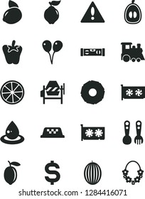 Solid Black Vector Icon Set - warning vector, plastic fork spoons, children's train, colored air balloons, concrete mixer, building level, peper, quince, melon, half loquat, lemon, yellow, slice of