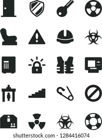 Solid Black Vector Icon Set - warning vector, prohibition, Baby chair, open pin, key, ntrance door, construction helmet, cardboard box, radiation hazard, encrypting, nuclear, biohazard, stairway