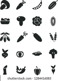 Solid Black Vector Icon Set - fried vegetables on sticks vector, slices of onion, mushroom, porcini, lettuce in a plate, cucumber, chili, carrot, squash, goji berry, sweet date fruit, apple stub