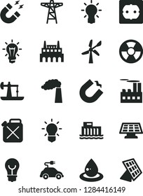 Solid Black Vector Icon Set - power socket type f vector, bulb, oil derrick, wind energy, manufacture, hydroelectric station, pole, industrial building, factory, canister, drop of, radiation hazard