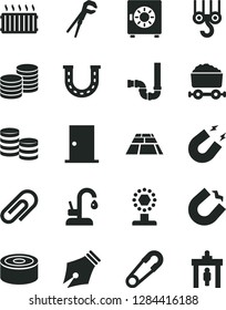 Solid Black Vector Icon Set - clip vector, safety pin, winch hook, adjustable wrench, siphon, ntrance door, paving slab, kitchen faucet, strongbox, coins, canned goods, horseshoe magnet, ink pen