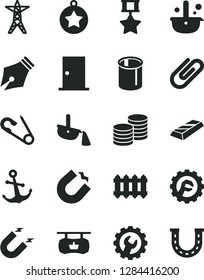 Solid Black Vector Icon Set - open pin vector, ntrance door, gear, star, new radiator, anchor, coins, clip, power line, magnet, horseshoe, pipes, metallurgy, steel production, ink pen, medal, hero