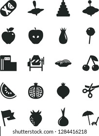 Solid Black Vector Icon Set - stacking toy vector, tumbler, yule, small, concrete mixer, flag, slices of onion, Chupa Chups, cherry, half pomegranate, red apple, tasty, strawberry, rose hip, medlar