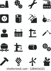 Solid Black Vector Icon Set - hook vector, gears, power socket type b, hammer, core, coal mining, wind energy, battery, industrial building, thermal plant, builder, tower crane, Construction, pipe