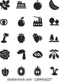 Solid Black Vector Icon Set - branch of grape vector, squash, blackberry, goji berry, delicious plum, slice tangerine, half loquat, tasty, guava, tomato, Bell pepper, manufacture, trees, forest