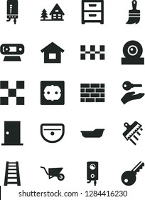 Solid Black Vector Icon Set - bath vector, dwelling, brickwork, building trolley, wooden paint brush, stepladder, sink, power socket type f, ntrance door, tile, ceramic tiles, spatula, boiler