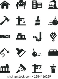 Solid Black Vector Icon Set - crane vector, house, hook, big core, concrete mixer, paint roller, wooden brush, siphon, building level, city block, putty knife, hammer with claw, factory, tower