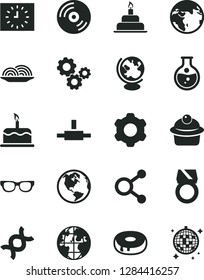 Solid Black Vector Icon Set - birthday cake vector, cogwheel, CD, onion, muffin, with a hole, round flask, connections, gears, planet, black clock, connect, glasses, dna, globe, gold ring, earth