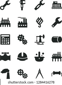 Solid Black Vector Icon Set - repair key vector, hook, gears, construction helmet, working oil derrick, valve, manufacture, hydroelectric station, industrial building, factory, enterprise, pipe