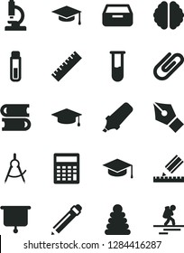 Solid Black Vector Icon Set - graphite pencil vector, yardstick, calculator, stacking rings, books, drawing, drawer, square academic hat, clip, scribed compasses, text highlighter, test tube, brain