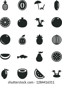 Solid Black Vector Icon Set - small fish vector, a pineapple, orange slice, pomegranate, water melon, mango, half, date fruit, of passion, guawa, piece coconut, ripe, grapefruit, guava, palm tree