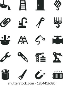 Solid Black Vector Icon Set - tower crane vector, hook, winch, adjustable wrench, arm saw, stepladder, ladder, ntrance door, stationery knife, kitchen faucet, clip, valve, magnet, pipes, gas welding