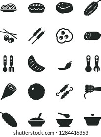 Solid Black Vector Icon Set - deep plate with a spoon vector, plastic fork spoons, iron, sausage, onion, noodles, apple pie, bowl of buckwheat porridge, grill chicken leg, barbecue, meat on skewers